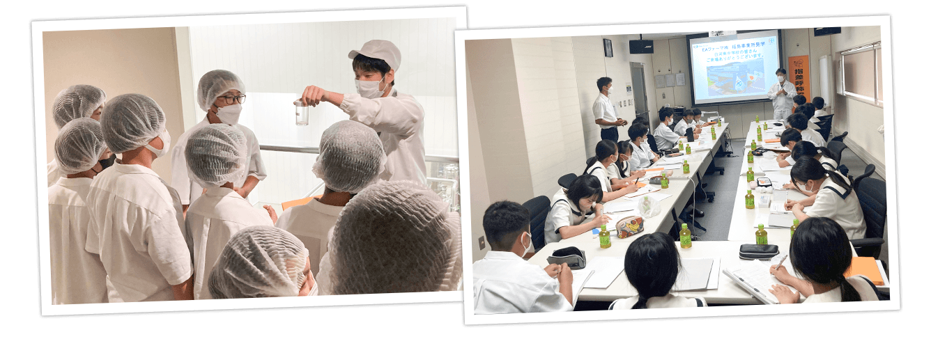見学会コースにて錠剤の打錠工程を説明する様子とEAファーマ福島事業所の仕事について説明をする様子