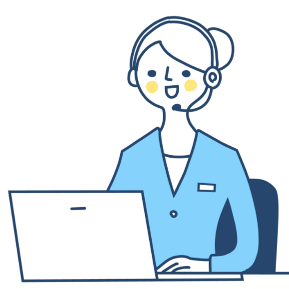 ヘッドセットを着けた女性の案内担当者のイラストが、パソコンの前で応対している様子をシンプルな線画で表したもの。