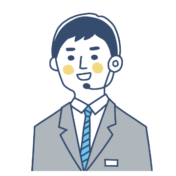 ヘッドセットを着けた男性の案内担当者のイラストが、パソコンの前で応対している様子をシンプルな線画で表したもの。