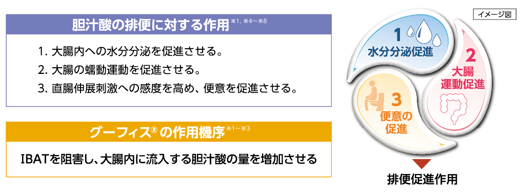 グーフィス®の胆汁酸を介した3つの作用（Triple action）を示す図