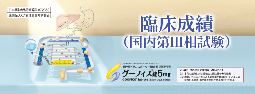 日本標準商品分類番号872359　医薬品リスク管理計画対象製品　臨床成績（国内第Ⅲ相試験）　処方箋医薬品：注意-医師等の処方箋により使用すること 胆汁酸トランスポーター阻害剤　薬価基準収載　グーフィス®錠5mg　GOOFICE®Tablets（エロビキシバット水和物錠）