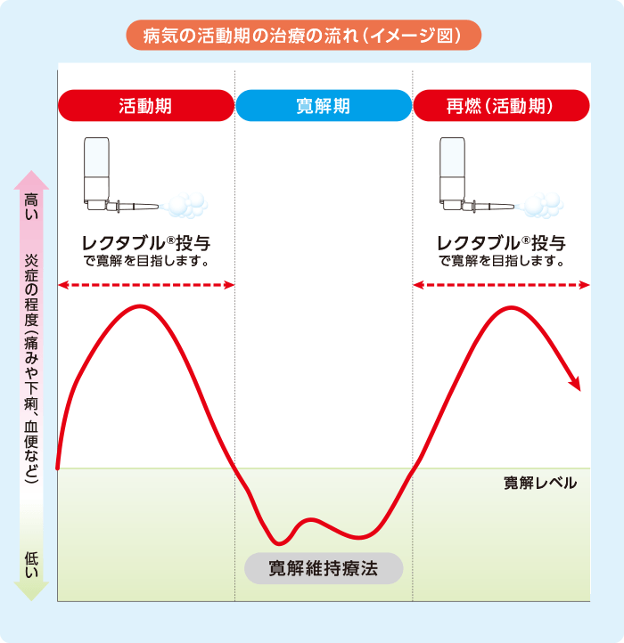 病気の活動期の治療の流れ（イメージ図）活動期にレクタブルⓇ投与で寛解を目指します